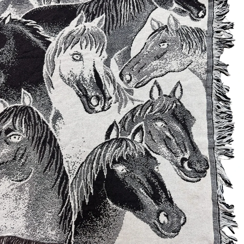 Vintage Woven Horse Tapestry Throw Blanket Fringed Black White 47x40 Equestrian